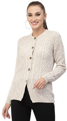 JEFFY Self Design Round Neck Casual Women White Sweater