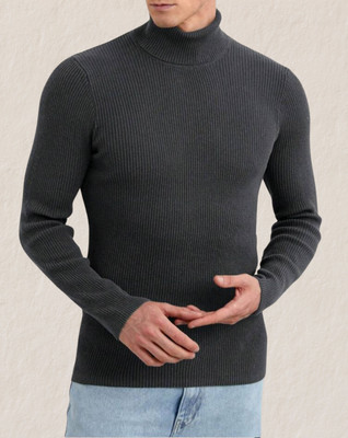 trendbite Self Design High Neck Casual Men Black Sweater