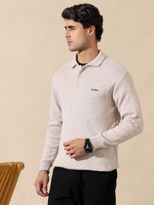 KVETOO Self Design Collared Neck Casual Men Beige Sweater