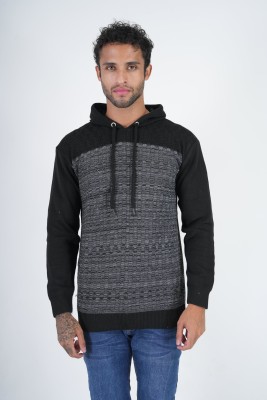 manra Self Design Hooded Neck Casual Men Black Sweater