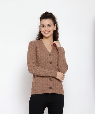 KALT Solid V Neck Casual Women Brown Sweater