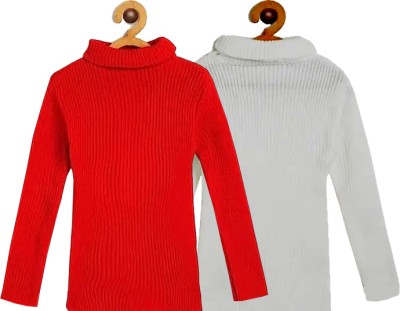 100LUCK Solid High Neck Casual Boys & Girls Red, White Sweater