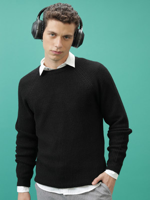 HIGHLANDER Solid Round Neck Casual Men Black Sweater