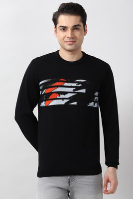 PETER ENGLAND Printed Crew Neck Casual Men Black Sweater