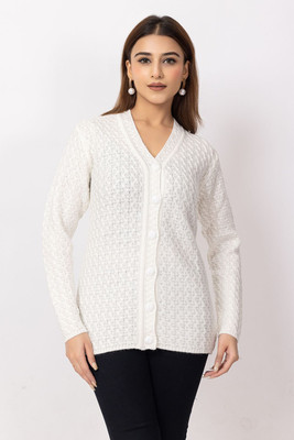 Dodge Self Design V Neck Casual Women White Sweater