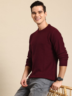 Mast & Harbour Woven Round Neck Casual Men Maroon Sweater