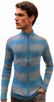 FORWARDS Striped High Neck Casual Men Light Blue Sweater