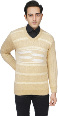 WOOLVALLEY Self Design V Neck Casual Men Yellow Sweater
