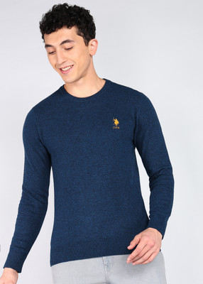 U.S. POLO ASSN. Solid Round Neck Casual Men Dark Blue Sweater