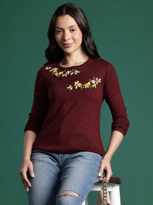 Dressberry Embroidered Round Neck Casual Women Brown Sweater