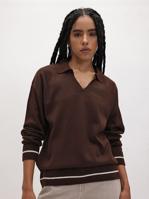 Roadster Solid Collared Neck Casual Women Brown Sweater
