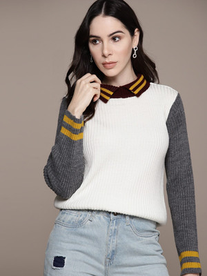 Roadster Colorblock Round Neck Casual Women White Sweater