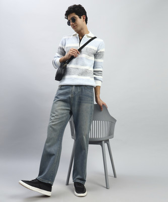 SILVANUS Striped Collared Neck Casual Men Light Blue, White, Grey Sweater