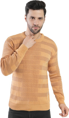 manra Striped Round Neck Casual Men Beige Sweater
