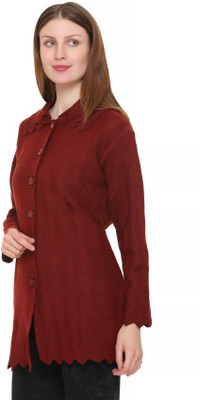 avtar Self Design Collared Neck Casual Women Maroon Sweater