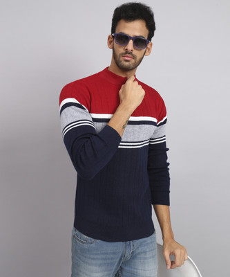 HELL BOUND Colorblock Round Neck Casual Men Blue Sweater