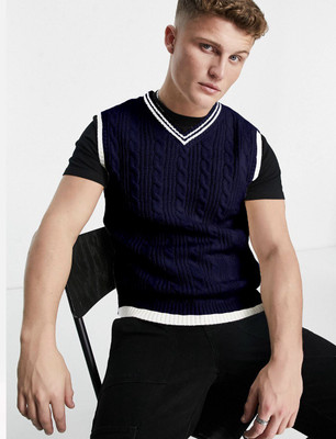 Eddicted Self Design V Neck Casual Men Dark Blue Sweater