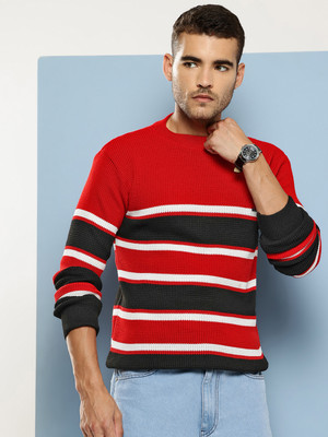 Roadster Striped Round Neck Casual Men Red, Black Sweater