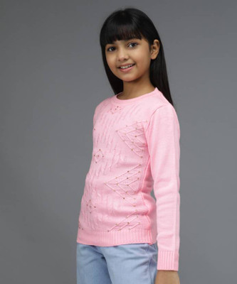SwellSwag Embellished Round Neck Casual Girls Pink Sweater