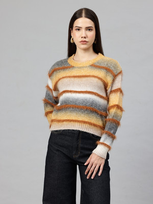 PIERRE CARLO Self Design V Neck Casual Women Orange Sweater