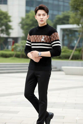 Ucollection Geometric Print Round Neck Casual Men Black Sweater