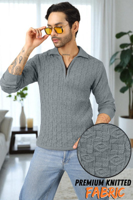 VERTICALS Self Design Collared Neck Party Men Grey Sweater
