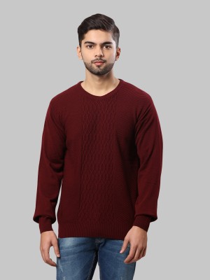 Raymond Self Design Round Neck Casual Men Maroon Sweater