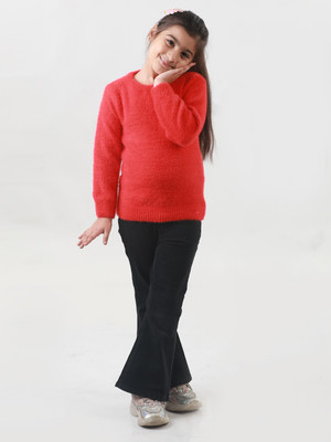 Knitco Solid Round Neck Casual Girls Red Sweater