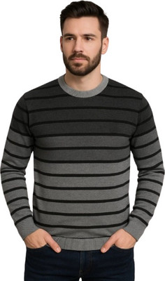 COTFYNE Striped Round Neck Casual Men Grey Sweater