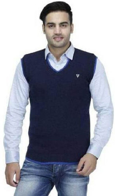 Sanzzy Solid V Neck Casual Men Dark Blue Sweater