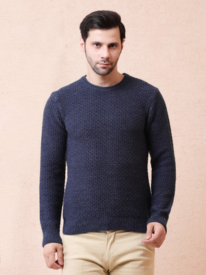 NOQUO Self Design Round Neck Casual Men Dark Blue Sweater