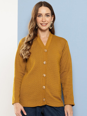 MUHURATAM Self Design V Neck Casual Women Yellow Sweater