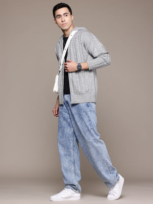 Roadster Self Design Hooded Neck Casual Men Grey Sweater