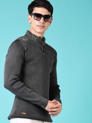 V-MART Printed Collared Neck Casual Men Grey Sweater