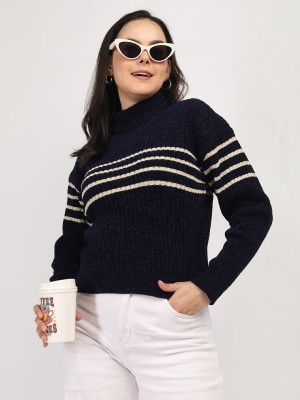 CHKOKKO Self Design Round Neck Casual Women Dark Blue Sweater