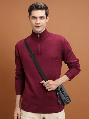 HIGHLANDER Solid High Neck Casual Men Red Sweater