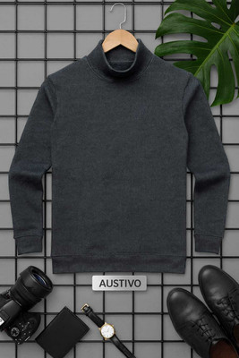 Austivo Self Design, Checkered Turtle Neck Casual Men Grey Sweater