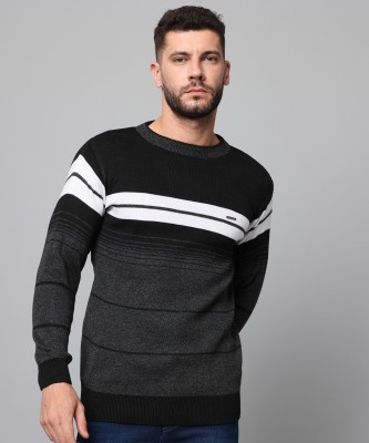 WILLEY Striped Crew Neck Casual Men Black Sweater