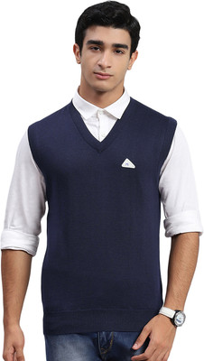 MONTE CARLO Solid V Neck Casual Men Dark Blue Sweater