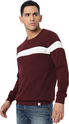 Spykar Striped Round Neck Casual Men Red Sweater