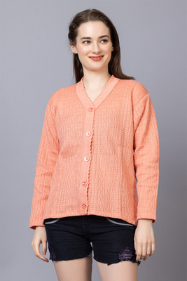 Wearlusso Self Design V Neck Casual Women Orange Sweater