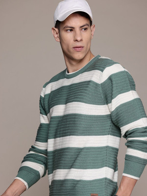 Roadster Striped Round Neck Casual Men Green Sweater