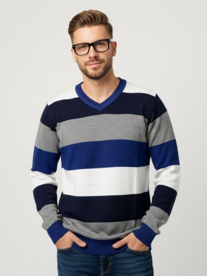 FORWARDS Striped V Neck Casual Men Blue Sweater
