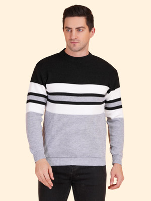 GLAUCUS Striped Round Neck Casual Men Grey Sweater