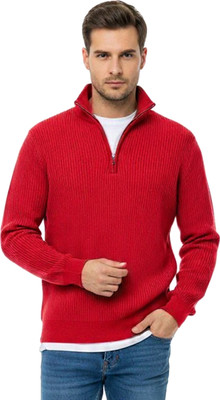 SHAUN Solid High Neck Casual Men Red Sweater