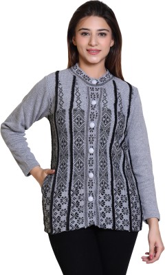 Grand Line Geometric Print Round Neck Casual Women Grey Sweater