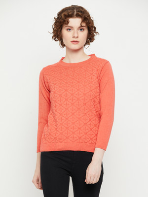 KASMA Woven Round Neck Casual Women Orange Sweater