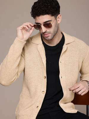 French Connection Self Design Keyhole Neck Casual Men Beige Sweater