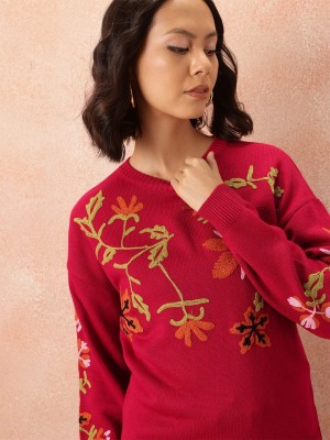 all about you Applique Round Neck Casual Women Red Sweater