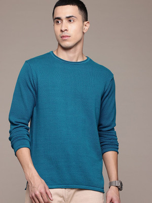 Roadster Self Design Round Neck Casual Men Blue Sweater